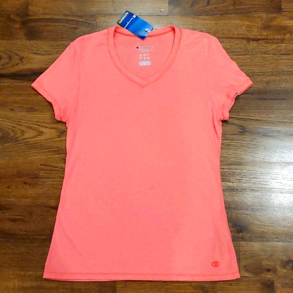 Womens Champion neon orange v neck short sleeve shirt size M